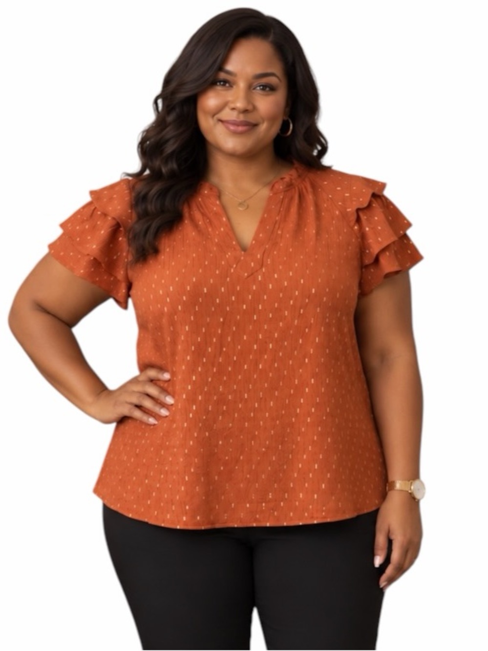Nanette Lepore Large Orange & Gold Metallic Split Neck Ruffled Sleeve Blouse